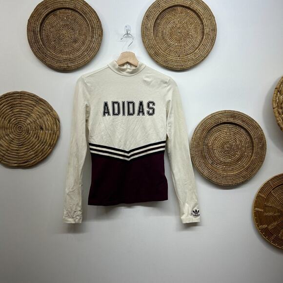 Adidas Originals Cream Maroon Mock Neck Long Sleeve Top Small Activewear - Picture 1 of 6